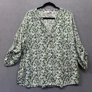Millers Floral Loose Fit Roll Sleeve Green Top Womens 18 Casual V Neck